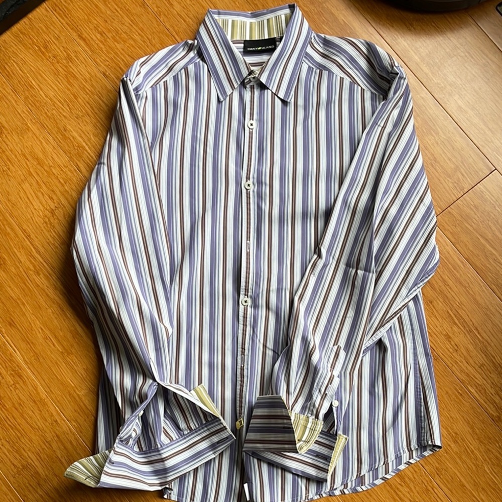 Dkny Blue and White Casual Button Down Shirt